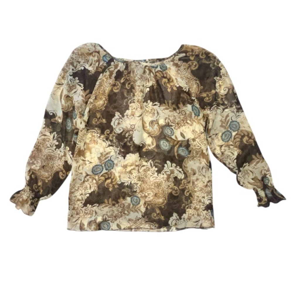 Y2K George Floral Sheer Long Sleeve Shirt Ruffle Sleeve Size Medium